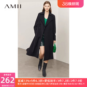 amii2023秋季高级感风衣女雪纺，拼接设计大衣长款黑色压褶外套