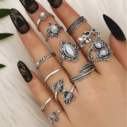 跨境戒指复古大象树叶戒指套装，组合12件套，关节戒指指环首饰配饰