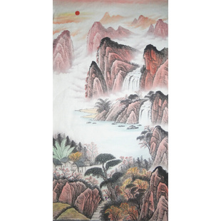 纯手绘六尺山水画聚宝盆国画，客厅办公室条幅风水画竖幅未装裱画芯