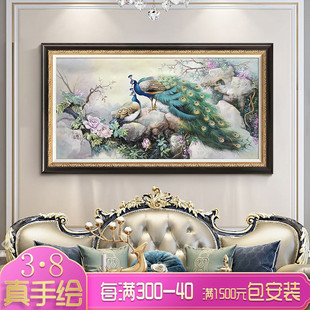 欧式客厅沙发装饰画古典孔雀，手绘油画纯手工，美式花鸟餐厅卧室壁画