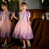 女童连衣裙苏菲亚长发，公主裙短袖蝴蝶结紫色，蕾丝生日礼服夏季