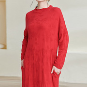 大红色羊毛裙秋冬装，宽松长款针织连衣裙时尚中年，妈妈打底裙大码女