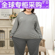 日本女睡衣春秋纯棉长袖套头加肥加大码宽松200斤胖mm条纹家