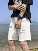 白色牛仔短裤男士夏季薄款高街宽松直筒破洞五分，裤子裤衩潮流中裤