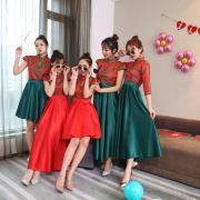 中式伴娘服秋冬立领红色绿色伴娘团新娘结婚长款姐妹裙显瘦女