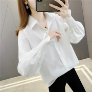 白色灯笼袖衬衫女宽松中长款韩版衬衣2022春秋，泡泡袖气质上衣