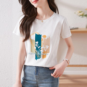 艾格t恤女短袖2023夏艺术(夏艺术)感印花圆领体恤衫显瘦上衣