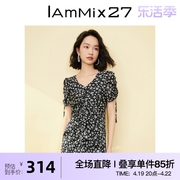 iammix27夏季v领连衣裙女高腰，显瘦法式复古田园，风小碎花雪纺裙女