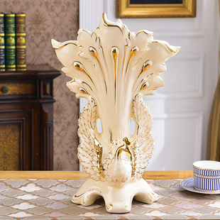 高档欧式陶瓷花瓶摆件鎏金孔雀开屏花插创意家居饰品摆设客厅台面