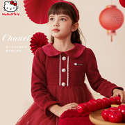 女童连衣裙2023冬装儿童小香风网纱裙子加厚新年装红色拜年服