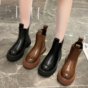 切尔西靴女2023年s棕色复古粗跟女靴厚底短靴潮，ins酷烟筒靴子