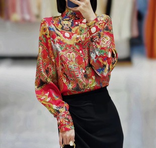 复古中式国风印花真丝衬衫，女春立领盘扣，长袖桑蚕丝衬衣打底衫