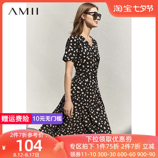 Amii极简法式波点雪纺连衣裙2023夏V领短袖修身优雅A字裙