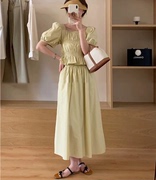 法式茶歇褶皱收腰套装女夏季甜美气质显瘦半身裙两件套E212