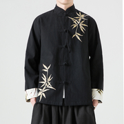 秋冬季新中式男装棉麻唐装外套中国风汉服亚麻盘扣衬衫竹子刺绣衬