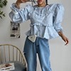 韩国法式长袖衬衫女设计感秋季娃娃上衣木耳边泡泡袖短款衬衣