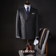 吉约蒙西装男套装双排，扣灰色条纹商务新郎，结婚礼服高级感西服外套