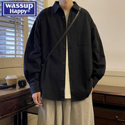 WASSUP HAPPY黑色衬衫男款夏季美式潮牌宽松长袖衬衣潮流痞帅外套