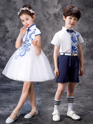 六一儿童节表演出服青花瓷连衣裙女童男衬衫古装幼儿园舞蹈合