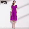 女士裙子2024高贵优雅气质v领短袖显瘦玫，紫色雪纺连衣裙夏季