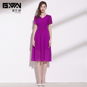 女士裙子2024高贵优雅气质，v领短袖显瘦玫紫色雪纺连衣裙夏季