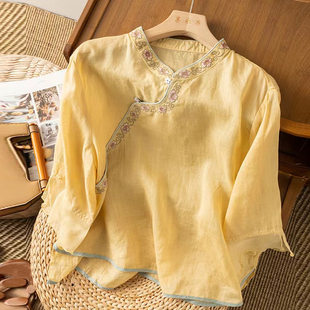 棉麻衬衫2023夏刺绣(夏刺绣)复古文艺中式禅意，茶服苎麻高端亚麻上衣女