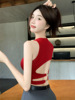 辣妹美式露背红色外穿吊带背心女夏季2023修身短款带胸垫上衣