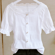 白色雪纺衫女短袖2023夏季韩版宽松显瘦甜美洋气小衫娃娃上衣
