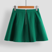 品牌折扣女装韩版百搭绿色，高腰显瘦毛呢，半身裙a字伞裙蓬蓬裙