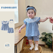 女童夏装韩版婴幼儿蕾丝边格子无袖娃娃衫南瓜裤洋气套装公主衣服