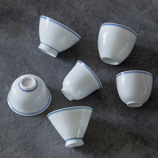 白瓷薄胎手绘子母线小茶杯，单杯品茗杯主人杯，个人杯功夫茶具陶瓷杯