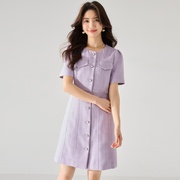 2024夏季紫色小香风，短袖轻奢名媛气质，通勤收腰显瘦连衣裙优雅
