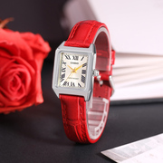 送情人节礼物卡西欧时尚小方表，女式红色真皮小红表casio女士手表