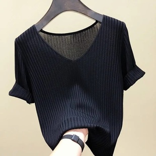 冰丝短袖t恤女装2023夏季韩版修身半袖v领针织，打底衫上衣女潮