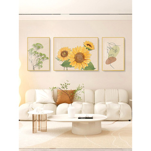 原木风客厅装饰画现代简约沙发背景墙挂画北欧向日葵肌理三联画