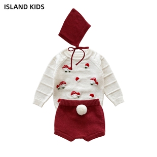 island秋冬女童针织毛衣重工，绣花小蘑菇宝宝，兔尾巴短裤可爱套装