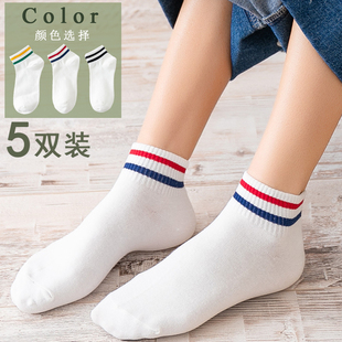 袜子女夏季薄款纯棉纯色运动风白色船袜全棉低帮红蓝条纹浅口短袜