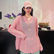 夏季韩版圆领长袖镂空针织衫，女士时尚彩色防晒衫宽松上衣c228