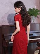 敬酒服旗袍新娘蕾丝改良版，红色结婚礼服，女秋季短款订婚连衣裙日常