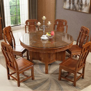 全实木中式圆形餐桌椅，组合酒店餐厅家用古典餐桌明清仿古雕花