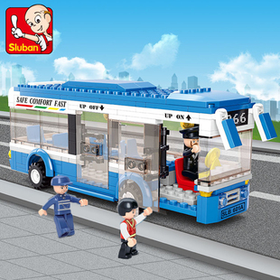 小鲁班拼装中国积木城市巴士汽车模型儿童益智拼插玩具礼物