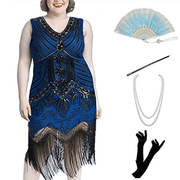 欧美大码女装套装1920s复古亮片，亚马逊聚会晚宴，v领流苏连衣裙珠片