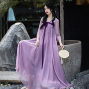 暗香盈汉服女夏装改良襦裙方领汉元素连衣裙，紫色绣花裙子
