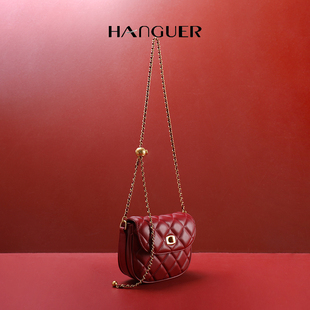 hanguer&ck经典耐看今年流行的酒红色，菱格链条小包包女斜挎包