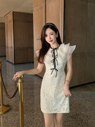 越南小众夏季欧根纱水溶蕾丝连衣裙短款收腰显瘦蝴蝶结娃娃裙