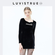 luvistrue黑色u领丝绒长袖连衣裙，女早春法式复古包臀裙中长裙