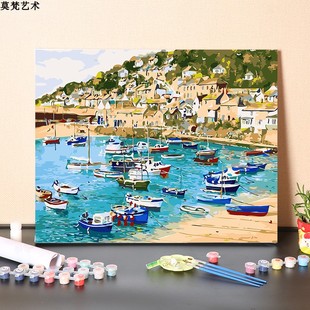 数字油画diy手工填充海边很多小船手绘地中海风景画涂色油彩画画