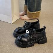 英伦风复古系带小皮鞋，子女2023秋冬季百搭加薄绒厚底增高单鞋