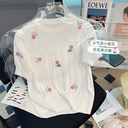 小香风花朵镂空针织短袖女装2023夏季设计感小众百搭宽松上衣