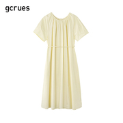 gcrues圆领连衣裙女短袖2024气质黄色长裙温柔风系带裙子韩系